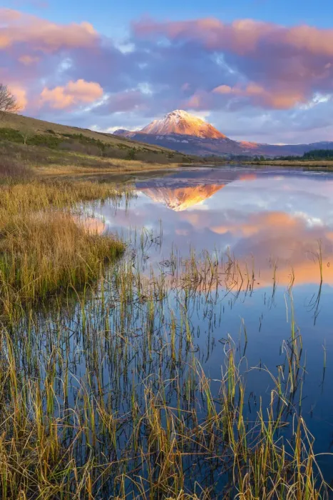 Framed Print : Ireland, Co. Donegal, Snow capped Errigal mountain reflected in Clady river at dusk Framed Print : Ireland, Co. Donegal, Snow capped Errigal mountain reflected in Clady river at dusk