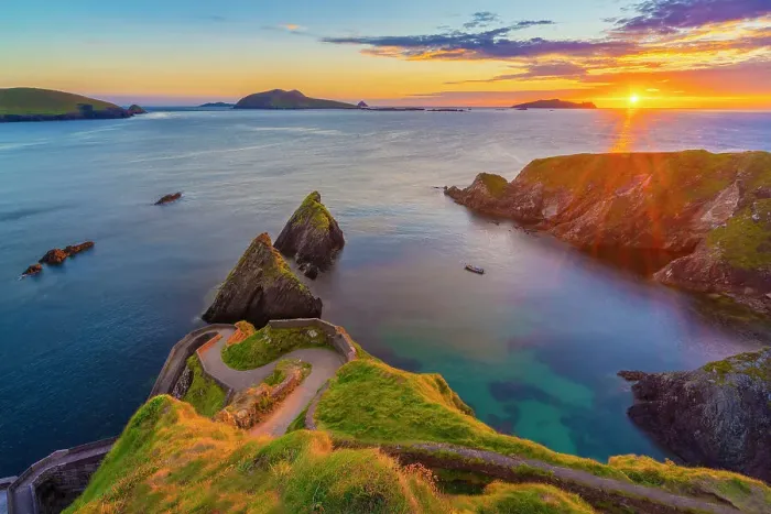 Framed Print : Ireland, Co. Kerry, Dingle, Slea Head, Dunquin Pier towards Blasket Islands at sunset Framed Print : Ireland, Co. Kerry, Dingle, Slea Head, Dunquin Pier towards Blasket Islands at sunset