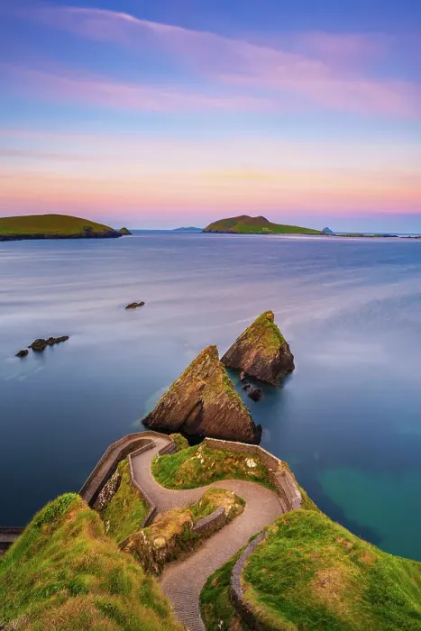 Framed Print : Ireland, Co. Kerry, Dingle, Slea Head, Dunquin Pier towards Blasket Islands at dusk Framed Print : Ireland, Co. Kerry, Dingle, Slea Head, Dunquin Pier towards Blasket Islands at dusk