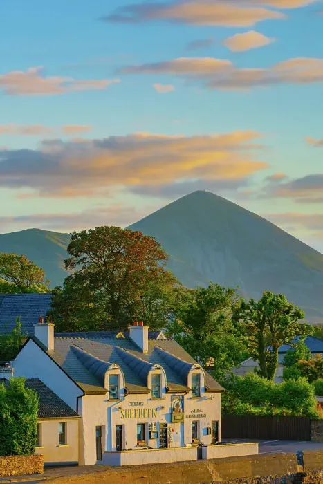 Framed Print : Ireland, Co. Mayo, Westport, Murrisk, Croagh Patrick Holy Mountain and Sheebeen public House