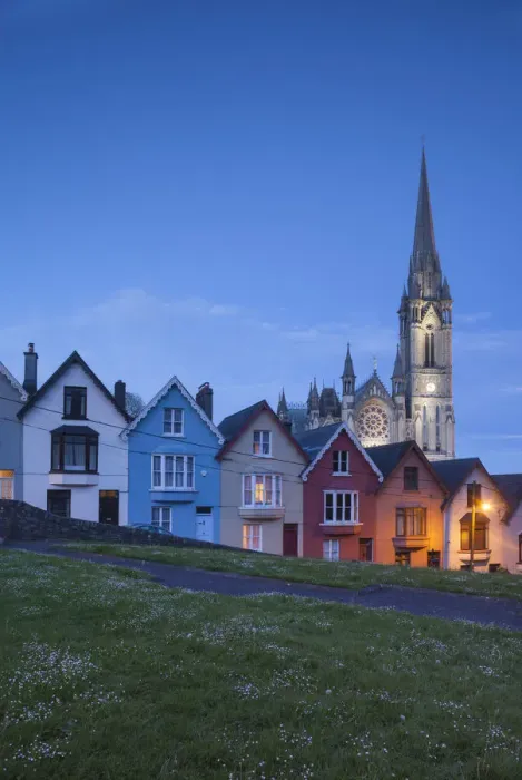 Framed Print : Ireland, County Cork, Cobh, Deck of Cards hillside houses and St. Colmans Cathedral Framed Print : Ireland, County Cork, Cobh, Deck of Cards hillside houses and St. Colmans Cathedral