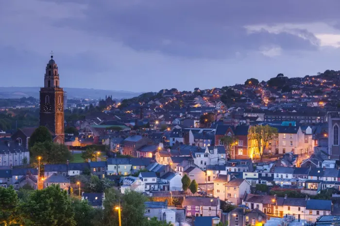 Framed Print : Ireland, County Cork, Cork City, St. Annes Church, elevated view, dusk Framed Print : Ireland, County Cork, Cork City, St. Annes Church, elevated view, dusk