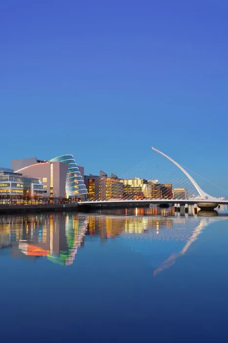 Framed Print : Ireland, Dublin, River Liffey, Samuel Beckett Bridge and convention centre at dusk Framed Print : Ireland, Dublin, River Liffey, Samuel Beckett Bridge and convention centre at dusk