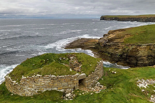 The Iron Age Broch of Borwick on the clifftops near Yesnaby on the west coast of Mainland, Orkney, Scotland. Autumn (September) 2022