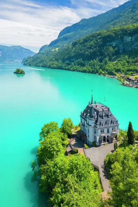 Framed Print : Iseltwald and it's peninsula with the old Castle on Lake Brienz. Iseltwald, Lake Brienz, Bernese Oberland, Switzerland Framed Print : Iseltwald and it's peninsula with the old Castle on Lake Brienz. Iseltwald, Lake Brienz, Bernese Oberland, Switzerland