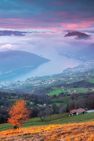 Iseo lake at sunset, Brescia province in Lombardy district, Italy