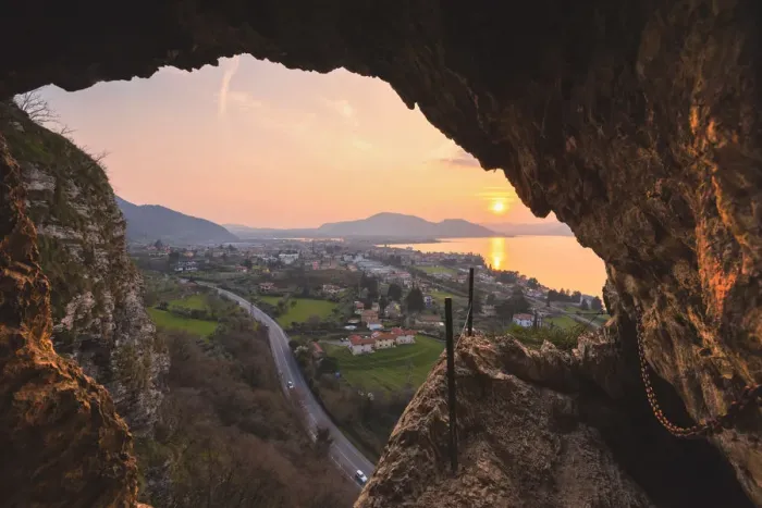 Framed Print : Iseo seen from a cave at sunset, Iseo lake, Lombardy district, Brescia province, Italy Framed Print : Iseo seen from a cave at sunset, Iseo lake, Lombardy district, Brescia province, Italy