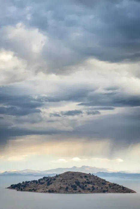 Framed Print : Island on Lake Titicaca viewed from top of Amantani Island, Puno Region, Peru
