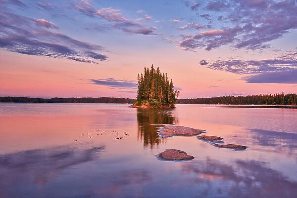Island on Paint Lake Dawn. Paint Lake Provincial Park Manitoba, Canada