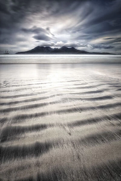 Island of Rhum from Laig beach, Island of Eigg, Hebrides, Scotland, United Kingdom