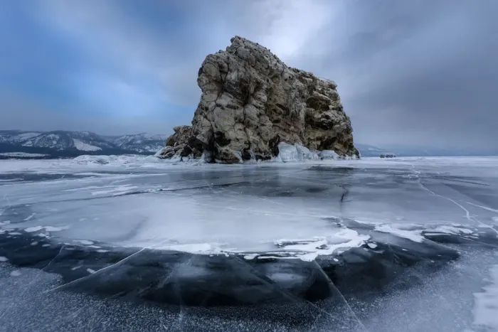 Framed Print : An island surrounded with flat ice over lake Baikal, Irkutsk region, Siberia, Russia