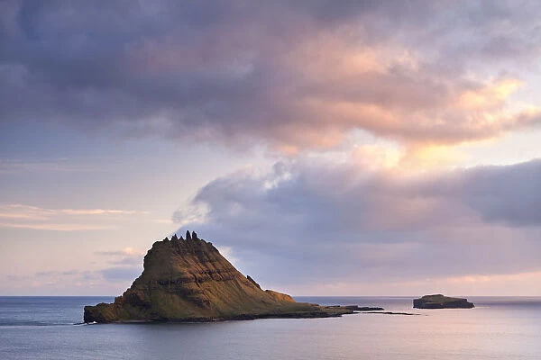 The islet of Tindholmur at the mouth of Sorvagsfjordur, Vagar Island, Faroe Islands
