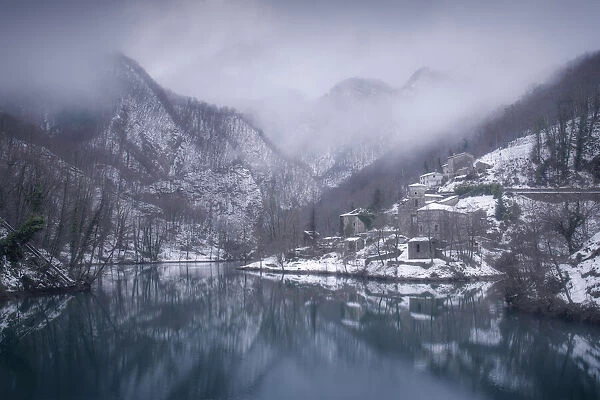 Isola Santa in the Apuan Alps after a snowstorm. Apuan Alps, Tuscany, Italy