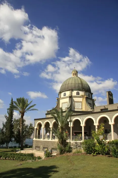 Framed Print : Israel, the Church of Beatitudes on the Mount of Beatitudes overlooking the Sea of