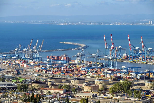 Israel, Haifa District, Haifa. High-angle view of Haifa port