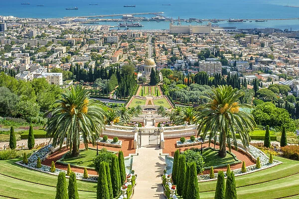 Israel, Haifa District, Haifa. Upper terraces of the Baha i Gardens, and the Shrine