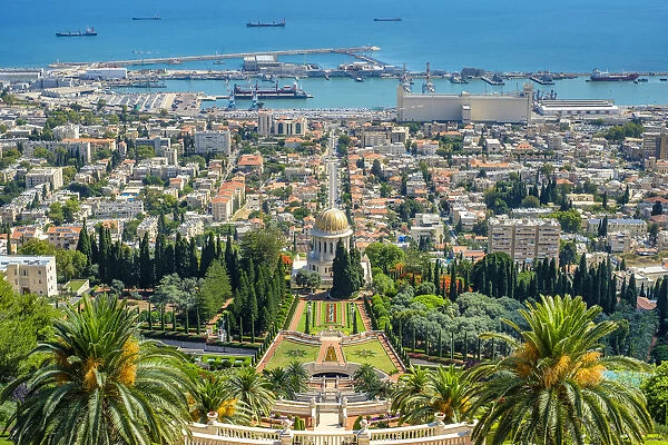 Israel, Haifa District, Haifa. Upper terraces of the Baha i Gardens, and the Shrine
