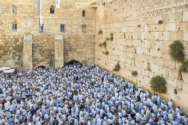 Israel, Jerusalem District, Jerusalem. Jews praying at the Western Wall fill the Kotel