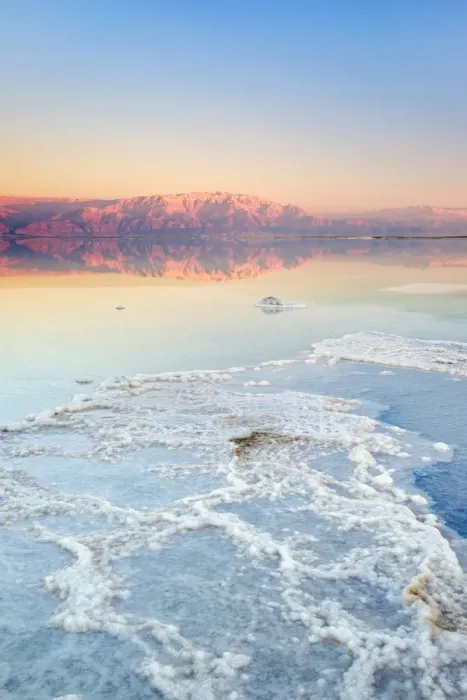 Framed Print : Israel, South District, Ein Bokek. Salt formations on the Dead Sea at sunset
