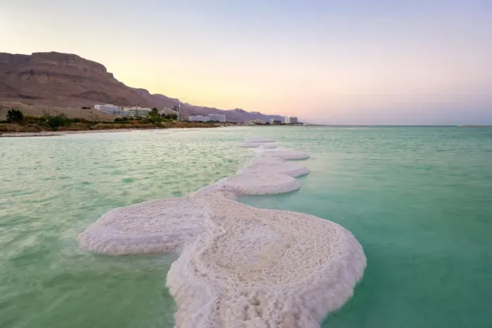 Framed Print : Israel, South District, Ein Bokek. Salt formations on the Dead Sea at sunset, town Framed Print : Israel, South District, Ein Bokek. Salt formations on the Dead Sea at sunset, town