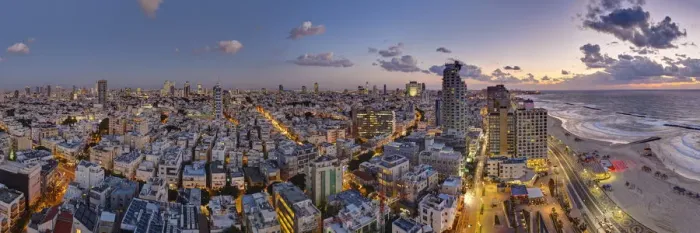 Framed Print : Israel, Tel Aviv, elevated dusk view of beachfront hotel Framed Print : Israel, Tel Aviv, elevated dusk view of beachfront hotel