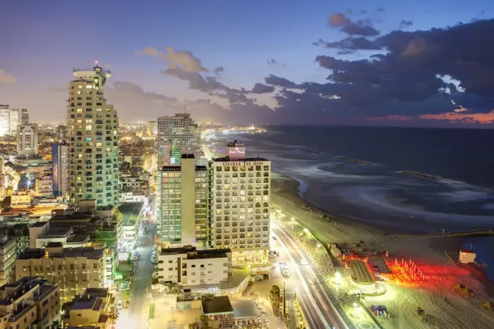 Framed Print : Israel, Tel Aviv, elevated dusk view of the downtown Tel Aviv commercial and residential Framed Print : Israel, Tel Aviv, elevated dusk view of the downtown Tel Aviv commercial and residential
