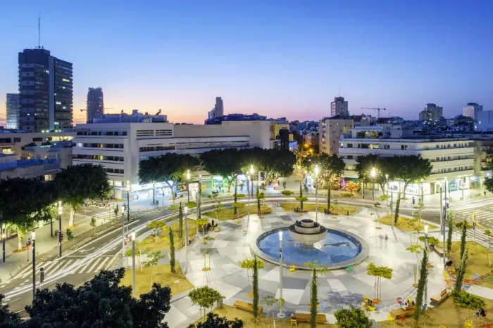 Framed Print : Israel, Tel Aviv-Yafo, Tel Aviv. High angle view of Diezengoff Square at dusk
