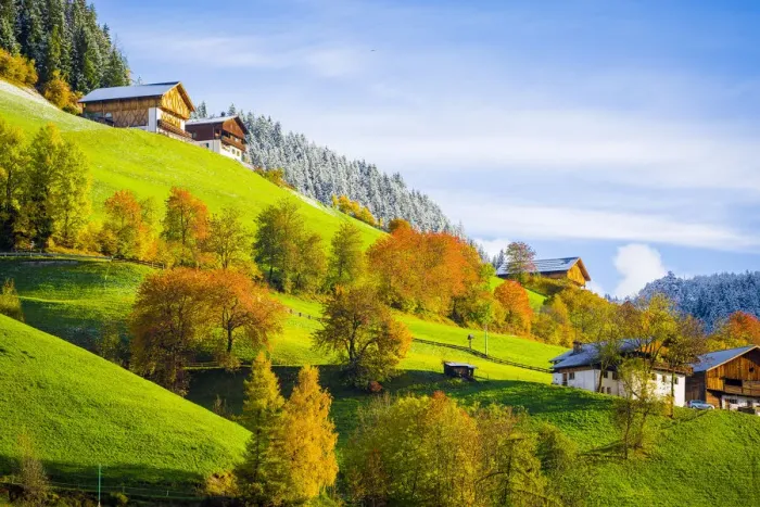 Framed Print : Italy, autumn scenic outdoor, foliage and green hills with snowy trees, Val di Funes Framed Print : Italy, autumn scenic outdoor, foliage and green hills with snowy trees, Val di Funes