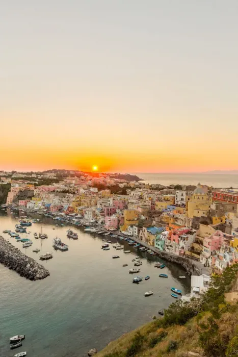 Framed Print : Italy, Campania, Province of Naples, Procida. Sunset at Marina di Corricella