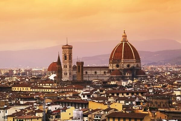 Italy, Florence, Tuscany, Western Europe; The Duomo of which the cupola is designed by famed Italian architect Brunelleschi and its surroundings, a Unesco World