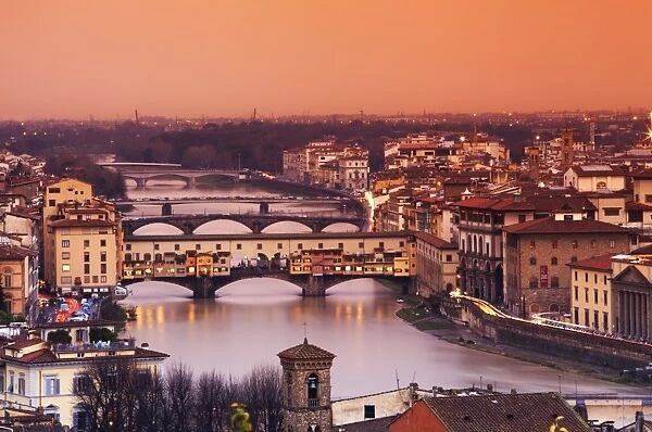 Italy, Florence, Tuscany, Western Europe; Ponte Vecchio and other bridges on the Arno river