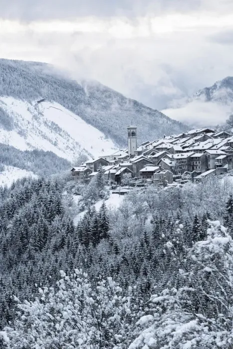 Framed Print : Italy, Friuli Venezia Giulia, Dolomites, Erto after an intense snowfall Framed Print : Italy, Friuli Venezia Giulia, Dolomites, Erto after an intense snowfall