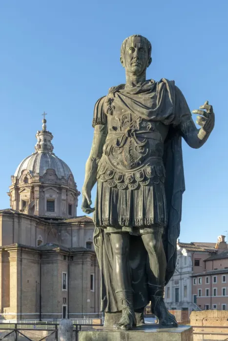 Framed Print : Italy, Lazio, Rome, Via dei Fori Imperiali, statue of Julius Caesar with Church of Framed Print : Italy, Lazio, Rome, Via dei Fori Imperiali, statue of Julius Caesar with Church of