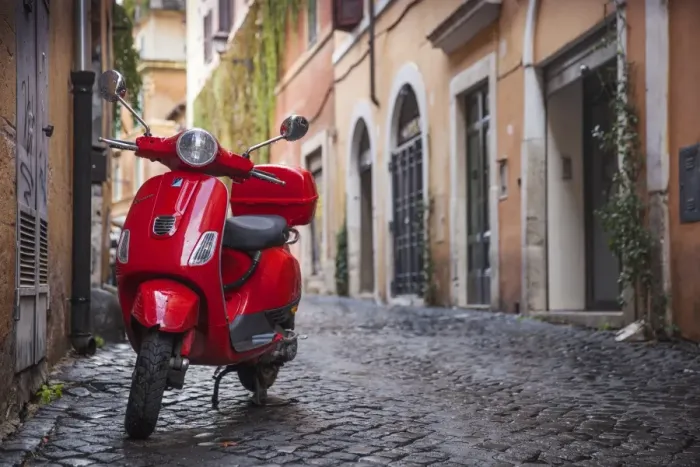 Framed Print : Italy, Lazio, Rome, Trastevere, Red Vespa Framed Print : Italy, Lazio, Rome, Trastevere, Red Vespa