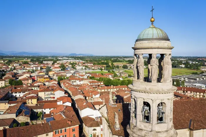 Framed Print : Italy, Lombardy, Bergamo, Urgnano, Elevated view town center with the bell tower of the parochial church on the foreground Framed Print : Italy, Lombardy, Bergamo, Urgnano, Elevated view town center with the bell tower of the parochial church on the foreground