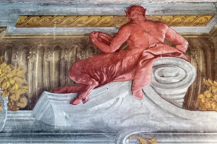 Framed Print : Italy, Lombardy, Bergamo, Urgnano, Detail of the fresco in the Satyrs room in the Fortress