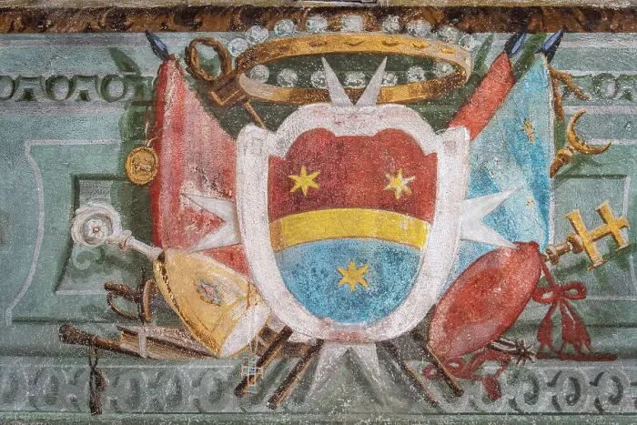 Framed Print : Italy, Lombardy, Bergamo, Urgnano, The Albani coat of arms in the Coat of Arms room of the Fortress Framed Print : Italy, Lombardy, Bergamo, Urgnano, The Albani coat of arms in the Coat of Arms room of the Fortress