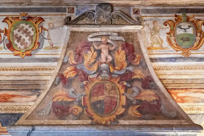 Framed Print : Italy, Lombardy, Bergamo, Urgnano, Fortress, The fresco on the fireplace in the Coat of Arms room Framed Print : Italy, Lombardy, Bergamo, Urgnano, Fortress, The fresco on the fireplace in the Coat of Arms room