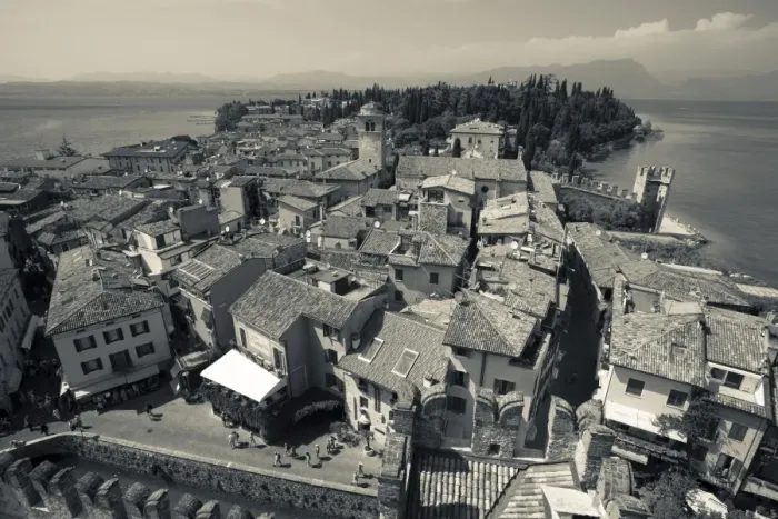 Framed Print : Italy, Lombardy, Lake District, Lake Garda, Sirmione, town view from Castello Scaligero Framed Print : Italy, Lombardy, Lake District, Lake Garda, Sirmione, town view from Castello Scaligero