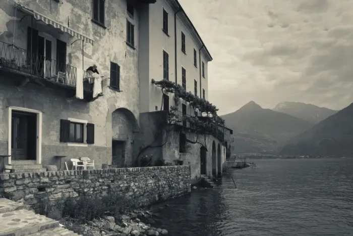 Framed Print : Italy, Lombardy, Lakes Region, Lake Como, Santa Maria Rezzonico, lakeside houses