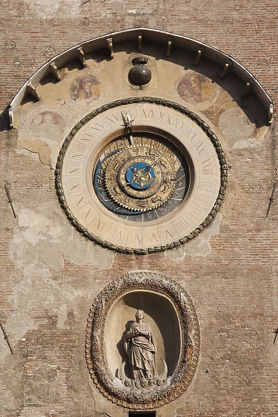 Italy, Lombardy, Mantua, Piazza Broletto, Palazzo Broletto, clocktower detail