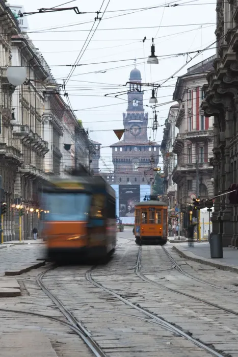 Framed Print : Italy, Lombardy, Milan, Milan trams on Via Orefici with Castello Sforzesco, dawn Framed Print : Italy, Lombardy, Milan, Milan trams on Via Orefici with Castello Sforzesco, dawn