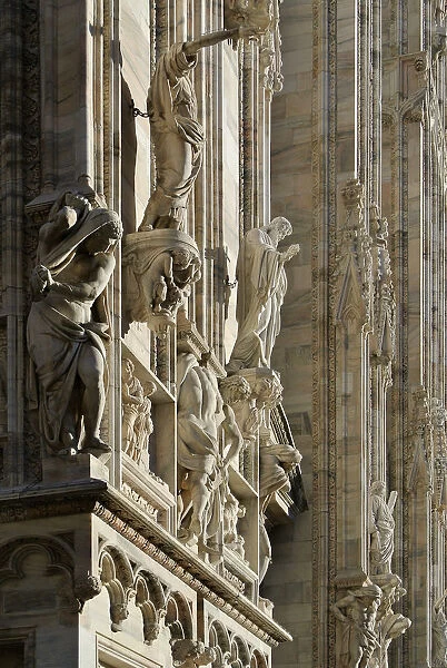 Italy, Lombardy, Statues in the facade of the Milan Cathedral