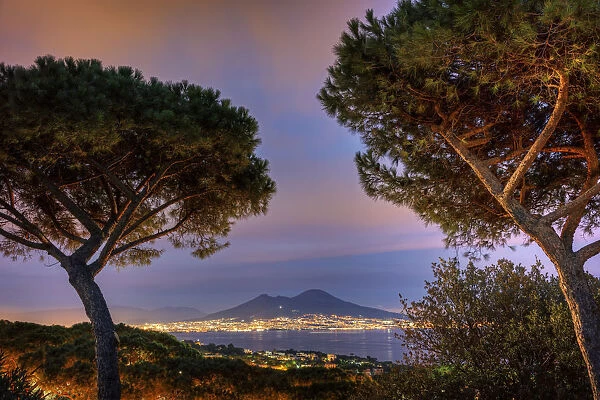 Italy, Naples, view of Naples, Posillipo town and Mt. Vesuvius