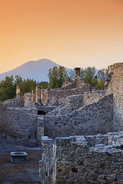 Italy, Napoli, Pompeii Archaeological Site (UNESCO Site) with Mt Vesuvius in the