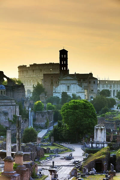 Italy, Rome, Colosseum and Roman Forum at sunrise