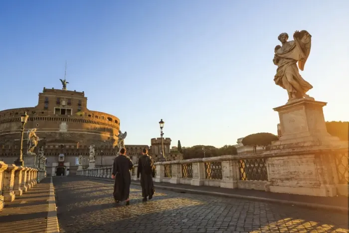 Framed Print : Italy, Rome, two monks walking at Mausoleum of Hadrian (known as Castel Sant Angelo) Framed Print : Italy, Rome, two monks walking at Mausoleum of Hadrian (known as Castel Sant Angelo)