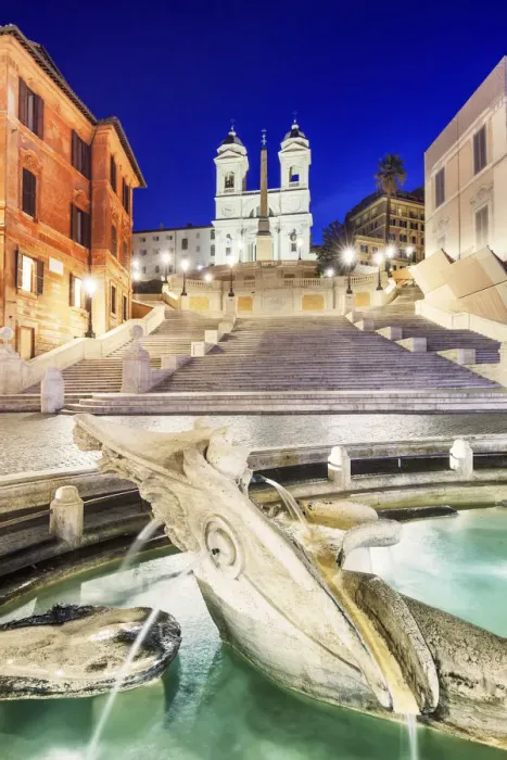 Framed Print : Italy, Rome, Spagna Square with Trinita dei Monti and Barcaccia fountain by night Framed Print : Italy, Rome, Spagna Square with Trinita dei Monti and Barcaccia fountain by night