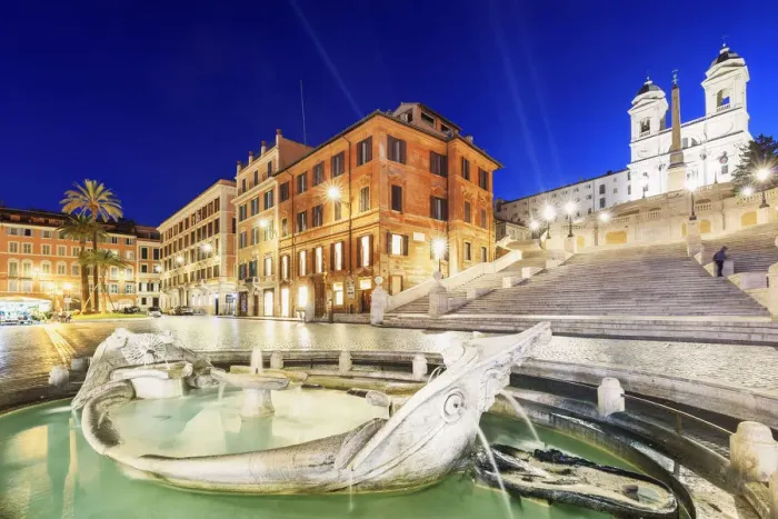 Framed Print : Italy, Rome, Spagna Square with Trinita dei Monti and Barcaccia fountain by night Framed Print : Italy, Rome, Spagna Square with Trinita dei Monti and Barcaccia fountain by night