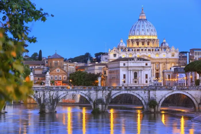 Framed Print : Italy, Rome, St. Peter Basilica by night reflecting on Tevere river